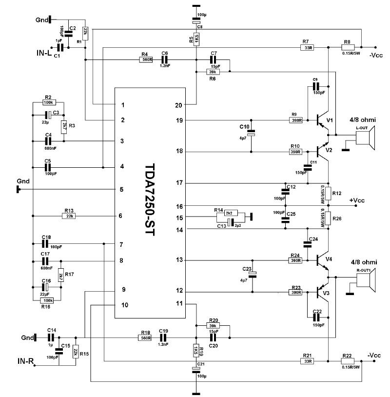 TDA7250 amplificator audio de putere schema electronica