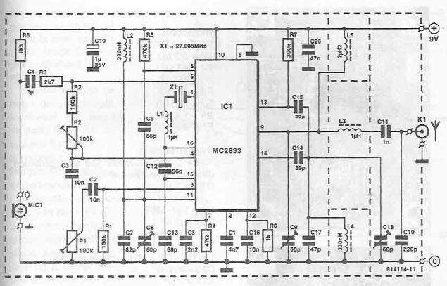 schema electronica circuit emitator CB in banda de 27Mhz