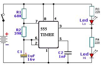 Schema Tester timer 555 cu componente pasive